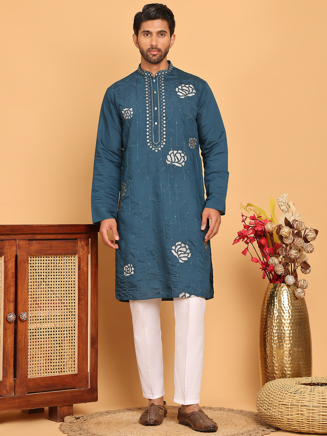 Men's Sequins Embroidered Kurta With Pyjama ( JOKP P 5159 Peacock )