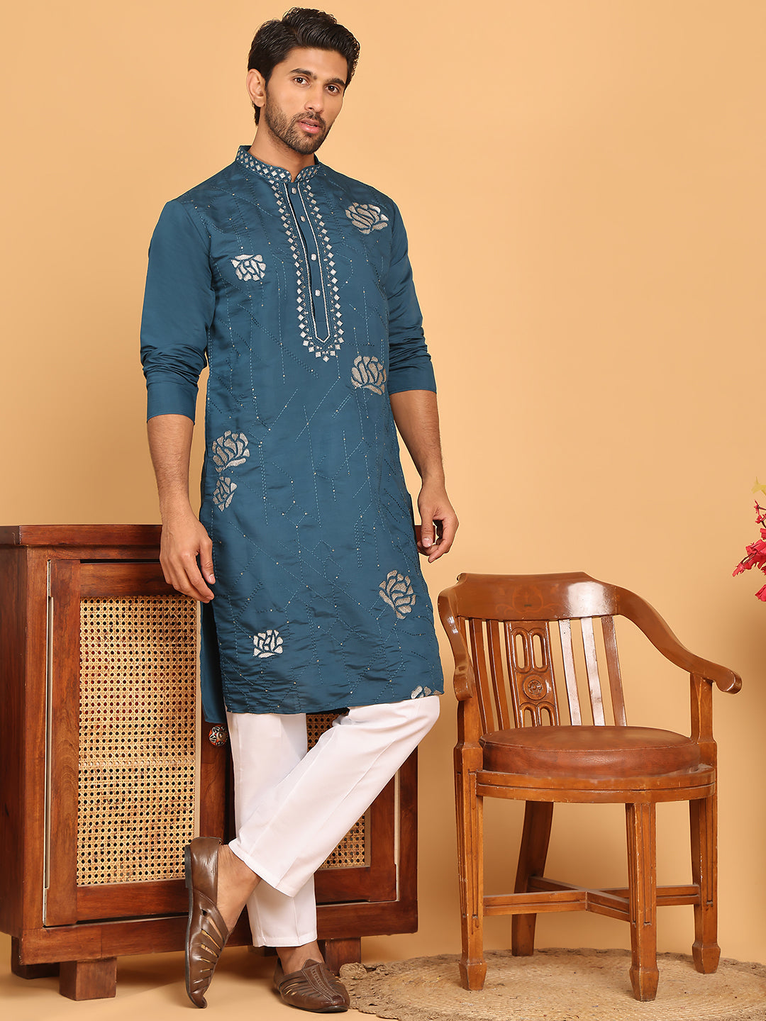 Men's Sequins Embroidered Kurta With Pyjama ( JOKP P 5159 Peacock )