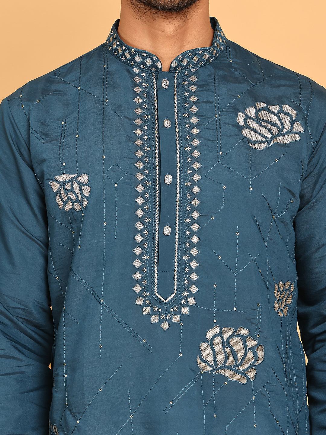 Men's Sequins Embroidered Kurta With Pyjama ( JOKP P 5159 Peacock )