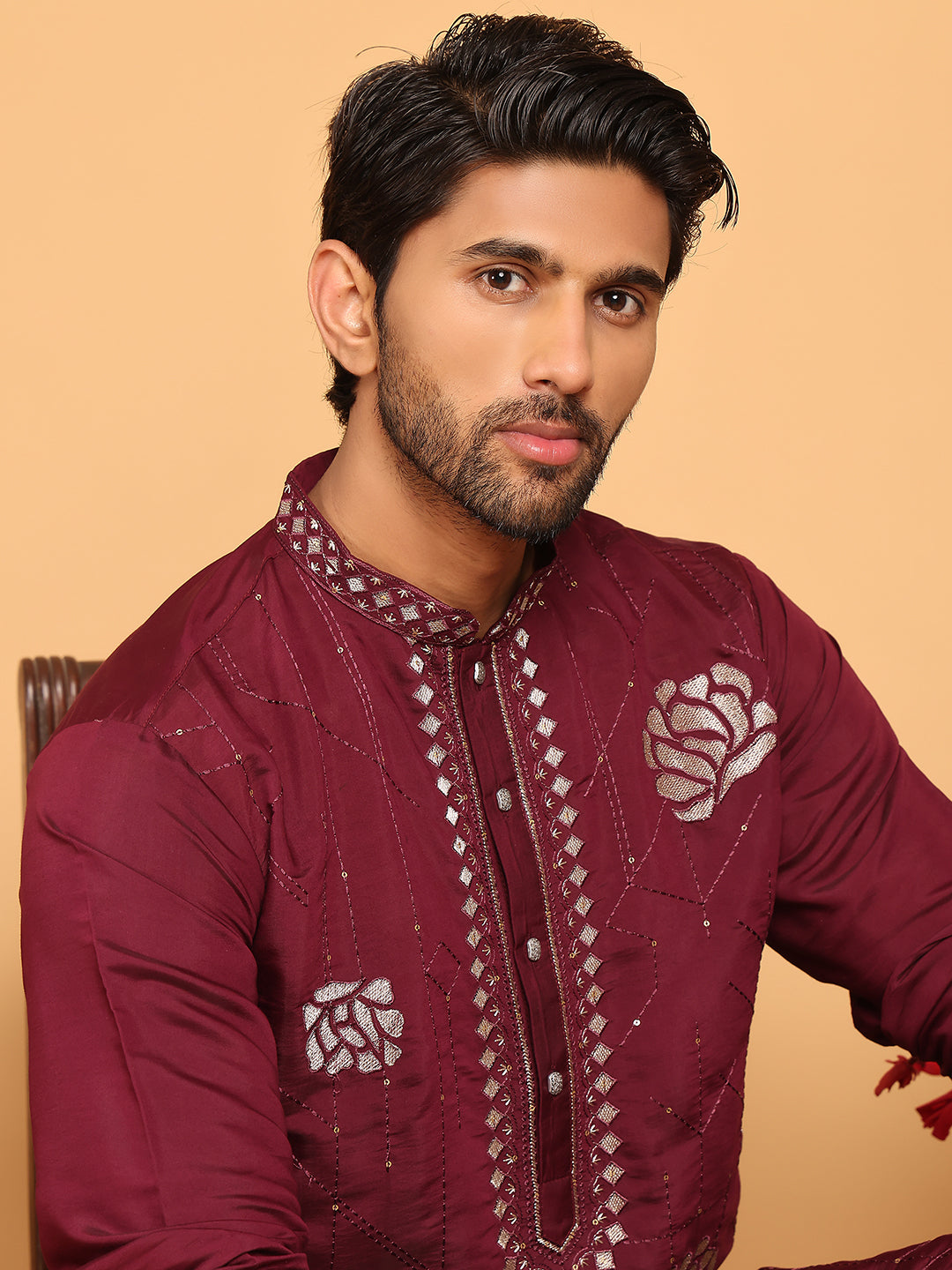 Men's Sequins Embroidered Kurta With Pyjama ( JOKP P 5159 Wine )
