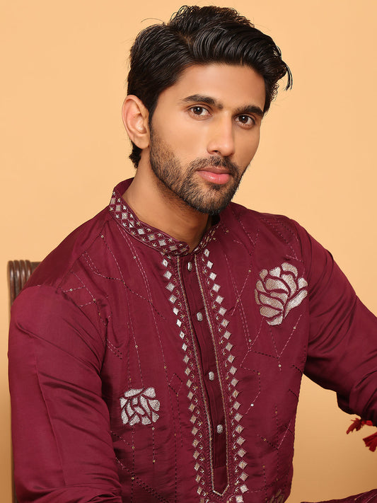 Men's Sequins Embroidered Kurta With Pyjama ( JOKP P 5159 Wine )