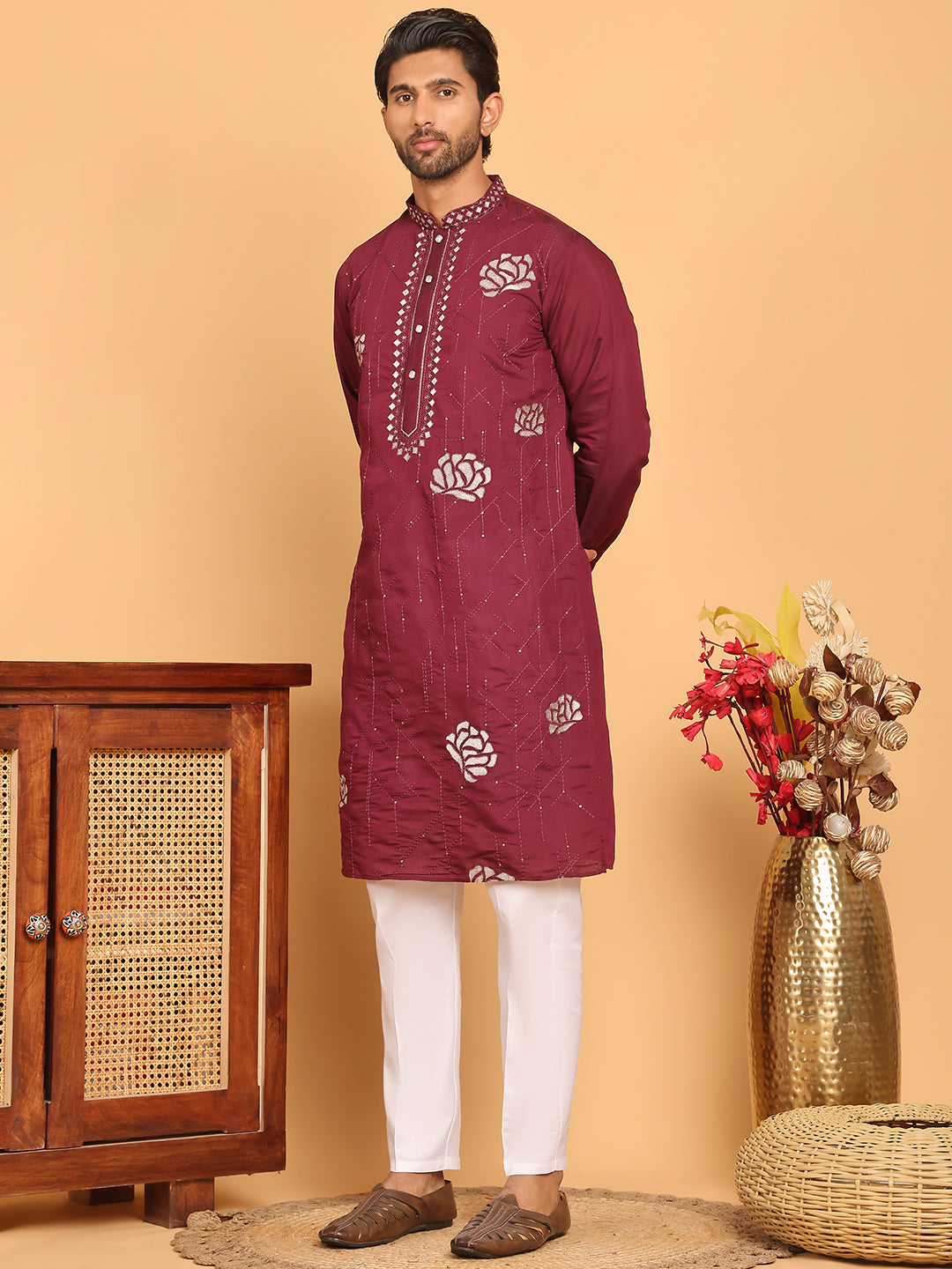 Men's Sequins Embroidered Kurta With Pyjama ( JOKP P 5159 Wine )