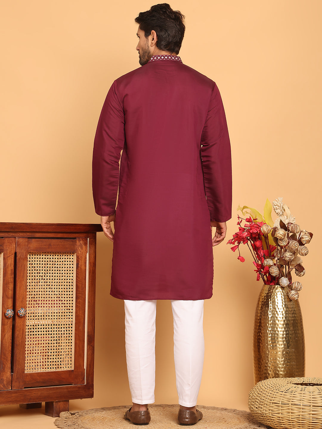 Men's Sequins Embroidered Kurta With Pyjama ( JOKP P 5159 Wine )
