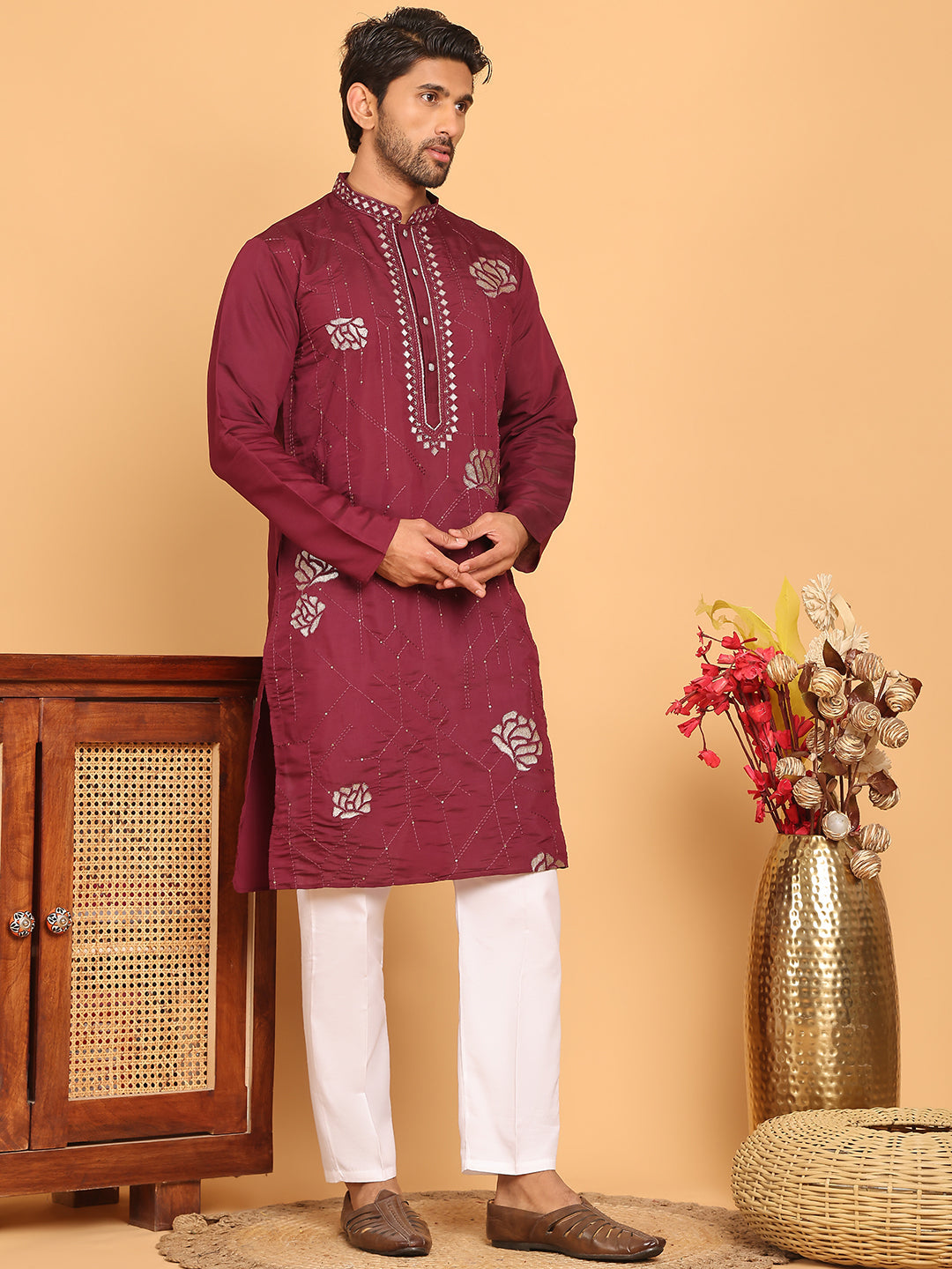 Men's Sequins Embroidered Kurta With Pyjama ( JOKP P 5159 Wine )