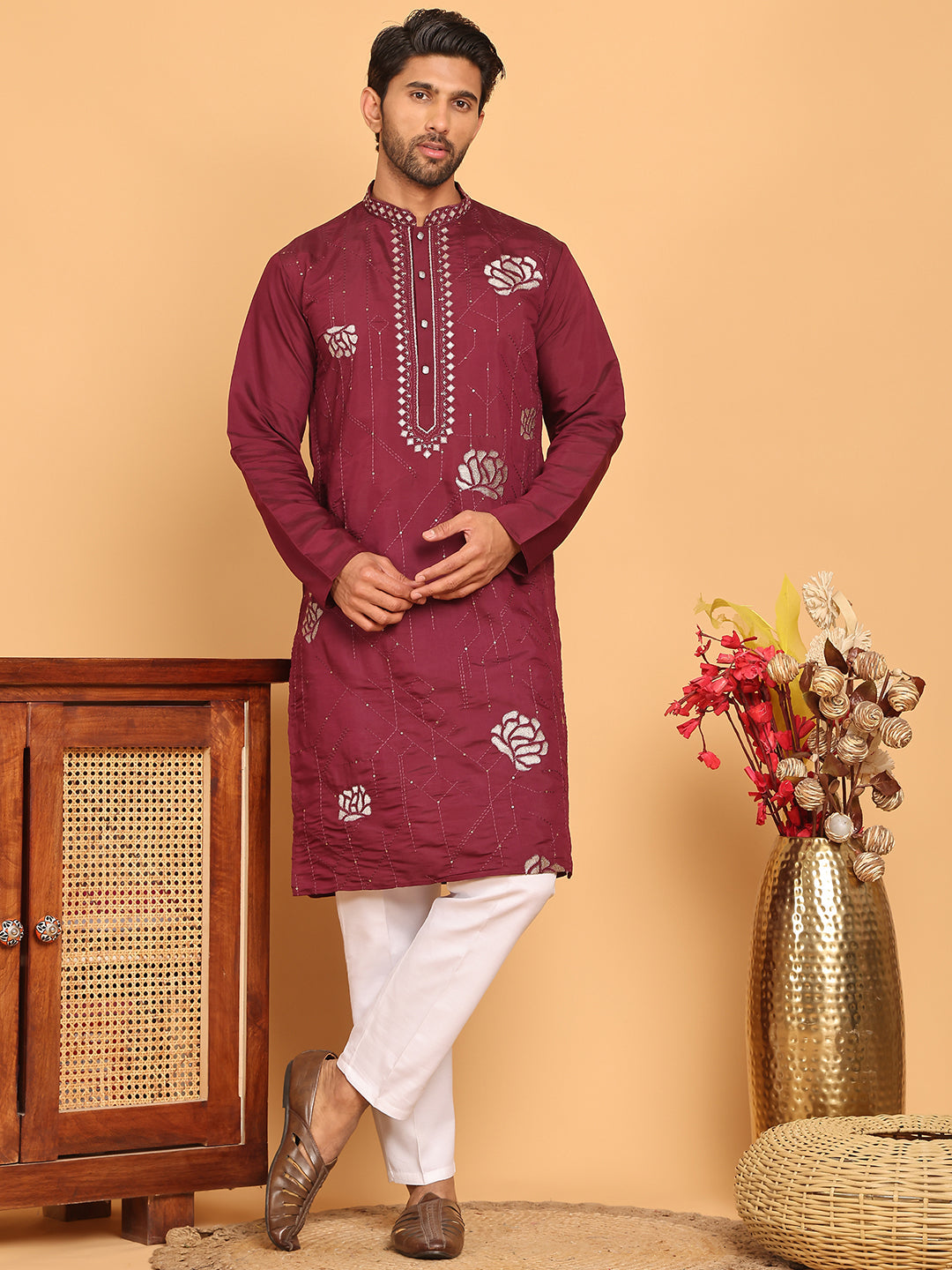 Men's Sequins Embroidered Kurta With Pyjama ( JOKP P 5159 Wine )