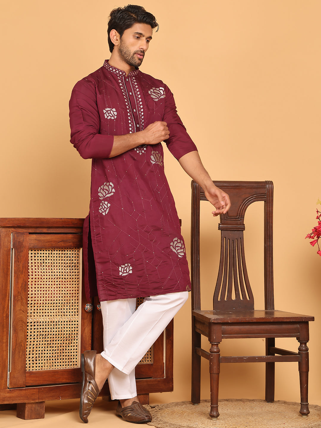 Men's Sequins Embroidered Kurta With Pyjama ( JOKP P 5159 Wine )
