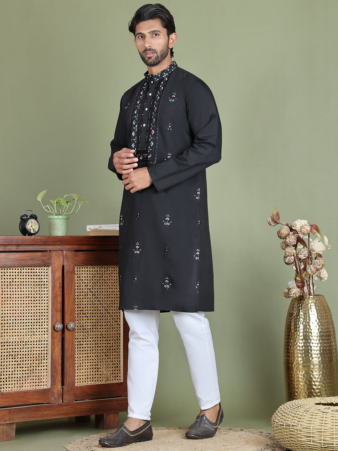 Men's Embroidered and Sequence Work Kurta Pyjama Set ( JOKP 5160Black )