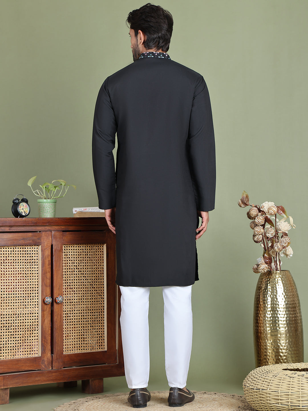 Men's Embroidered and Sequence Work Kurta Pyjama Set ( JOKP 5160Black )