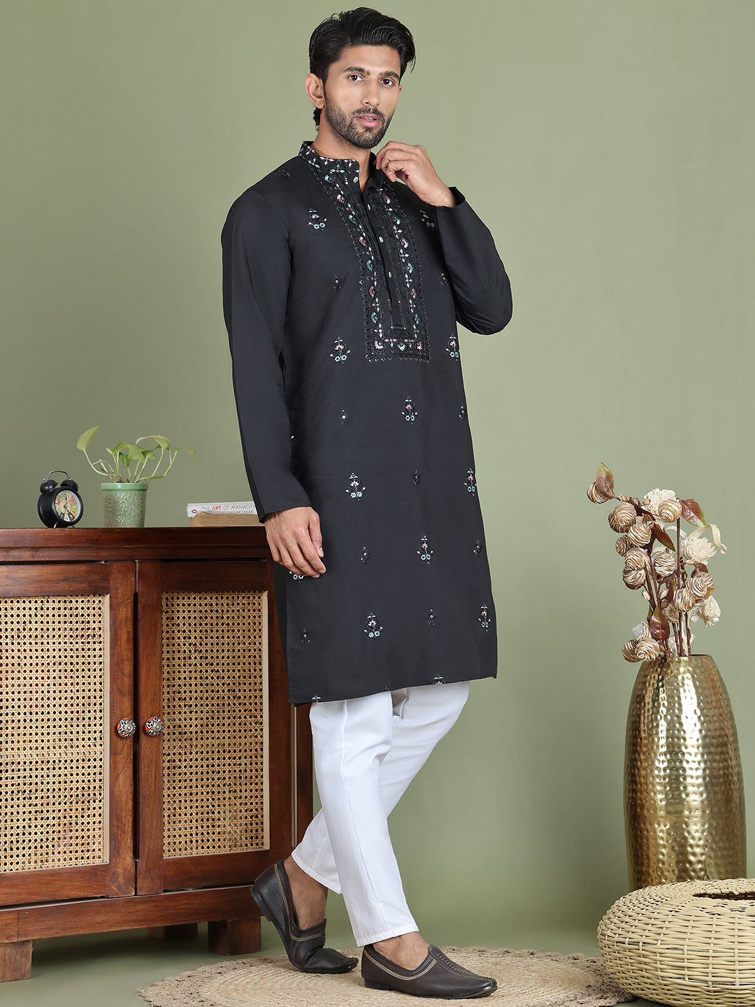 Men's Embroidered and Sequence Work Kurta Pyjama Set ( JOKP 5160Black )