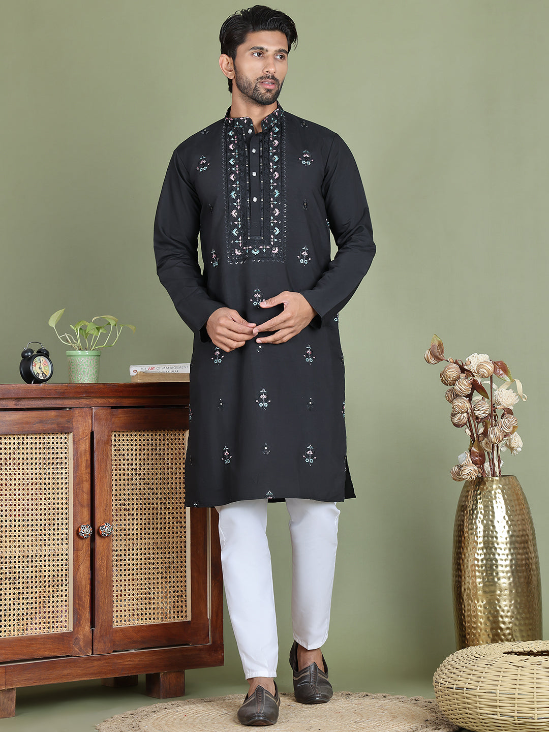 Men's Embroidered and Sequence Work Kurta Pyjama Set ( JOKP 5160Black )