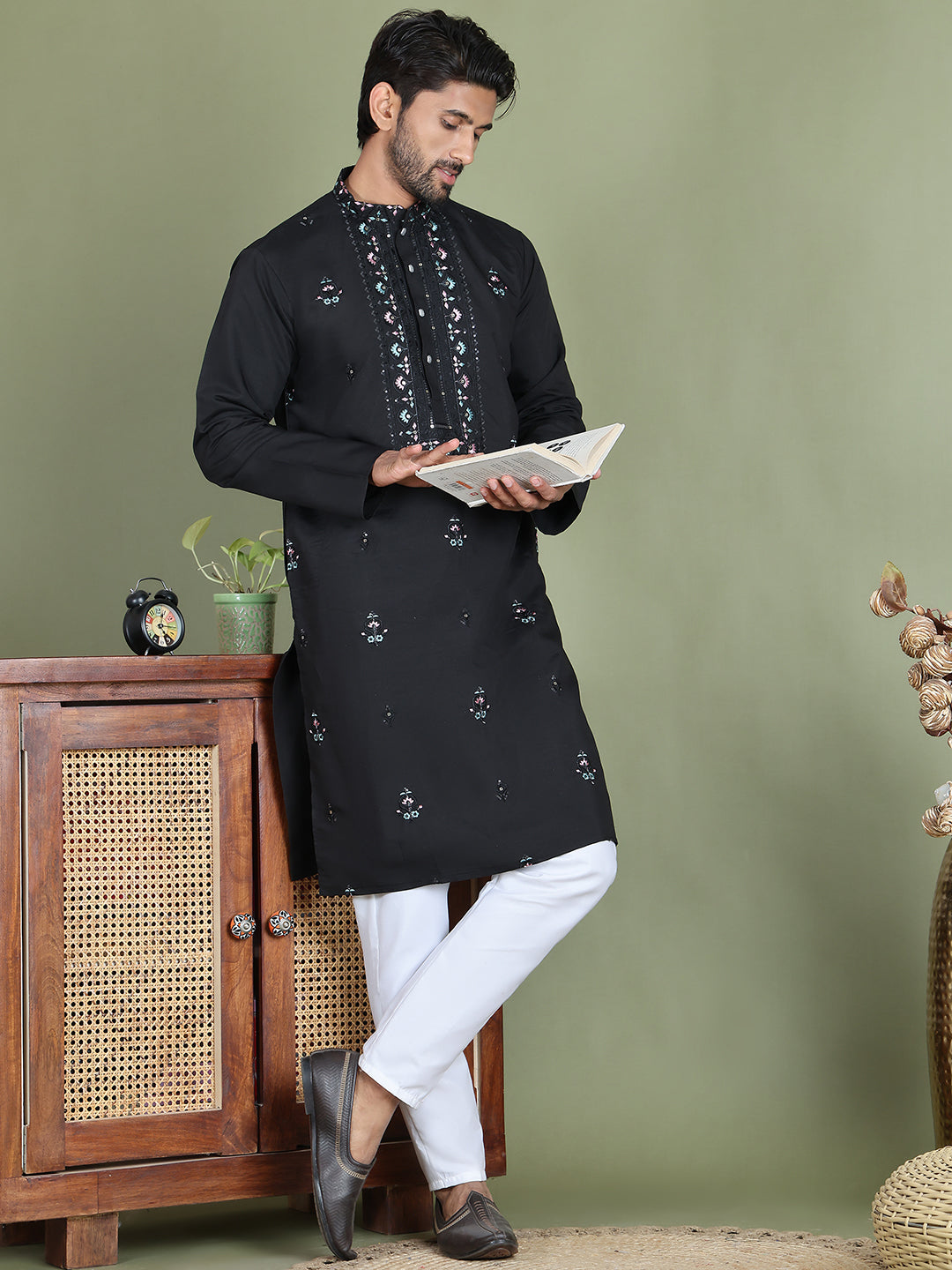 Men's Embroidered and Sequence Work Kurta Pyjama Set ( JOKP 5160Black )