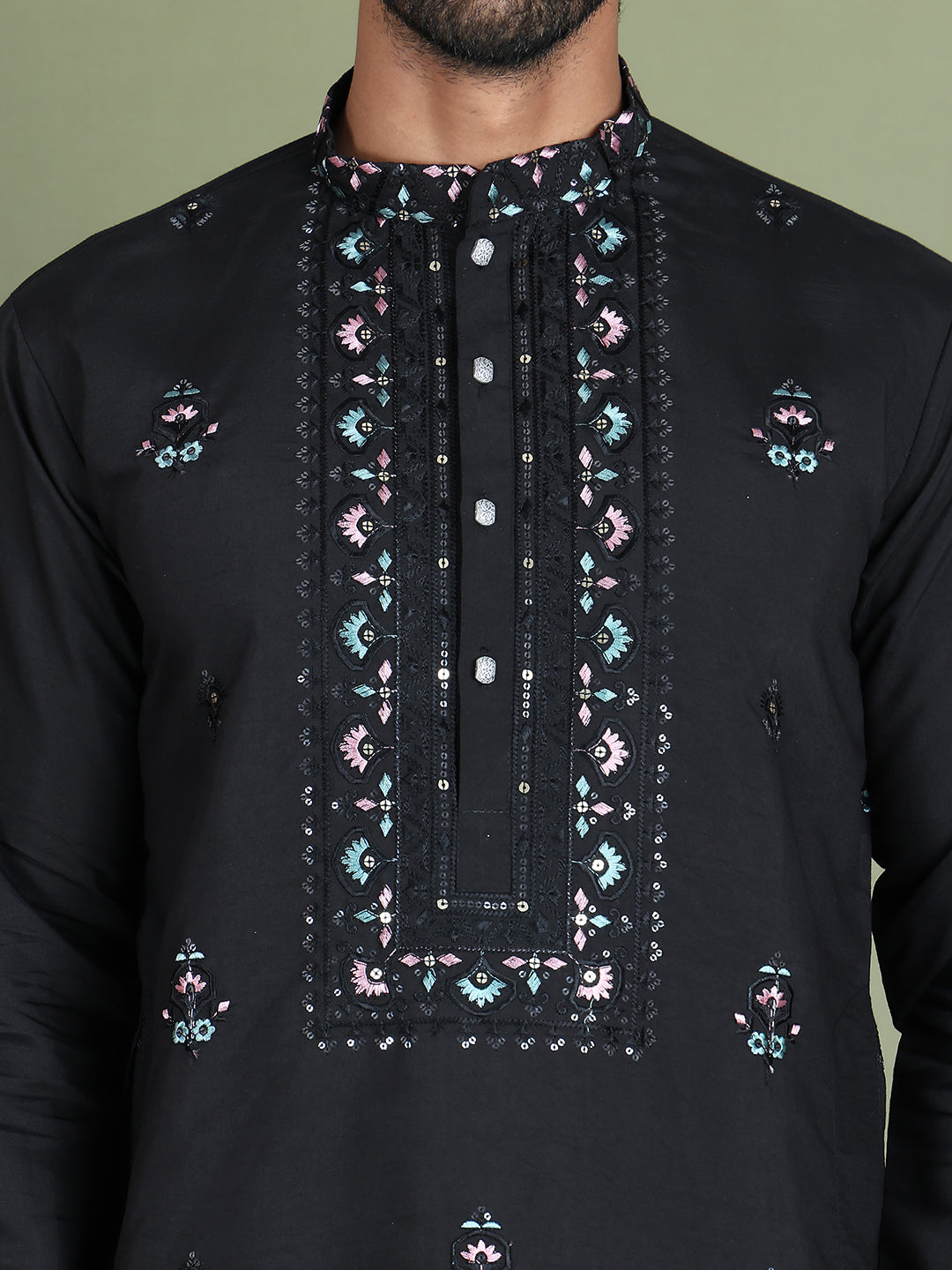 Men's Embroidered and Sequence Work Kurta Pyjama Set ( JOKP 5160Black )