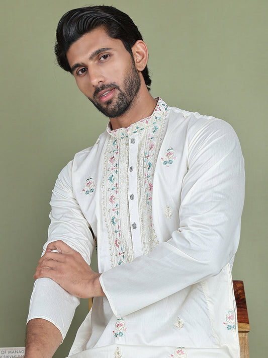 Men's Embroidered and Sequence Work Kurta Pyjama Set ( JOKP 5160White )