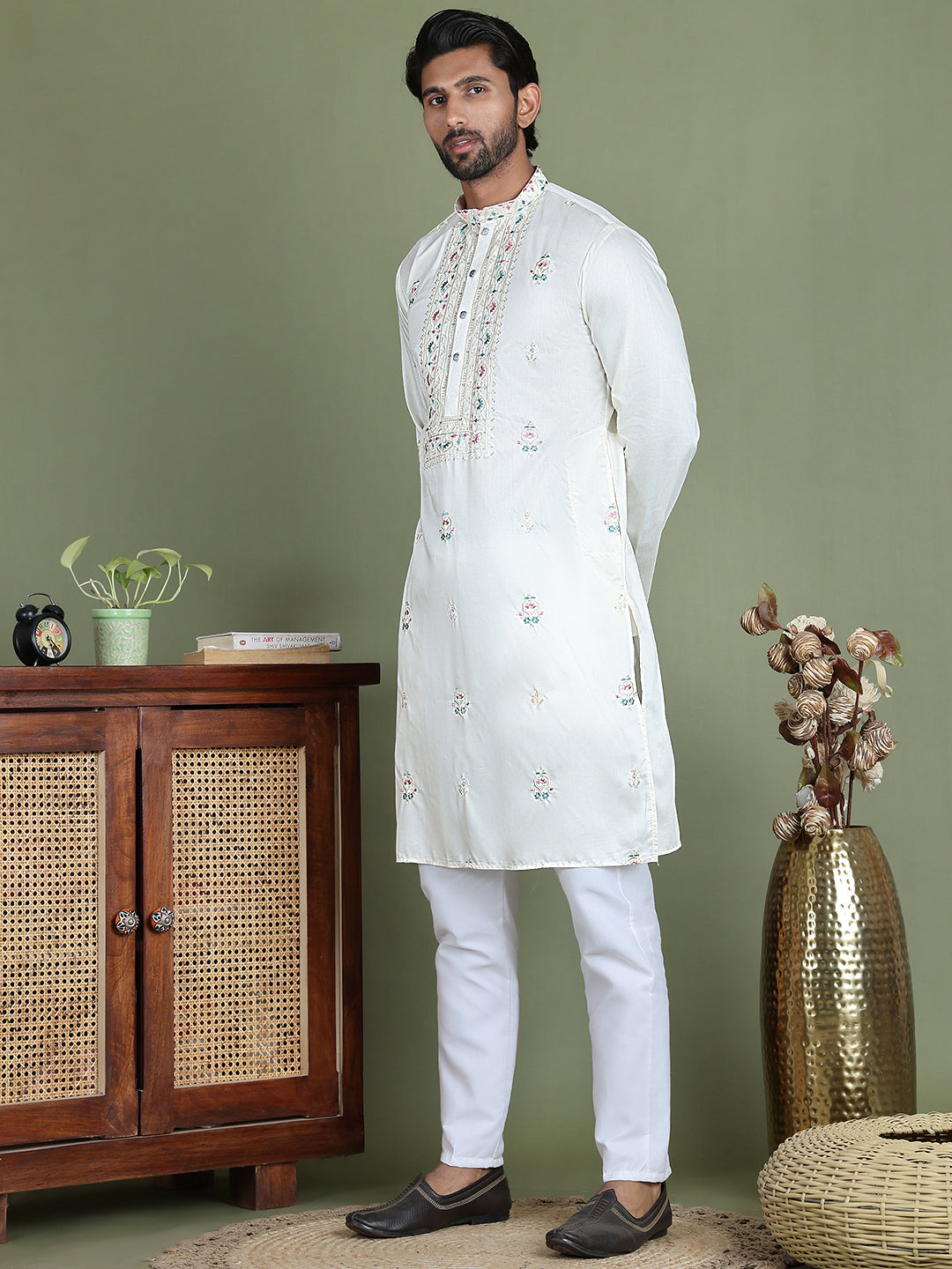 Men's Embroidered and Sequence Work Kurta Pyjama Set ( JOKP 5160White )