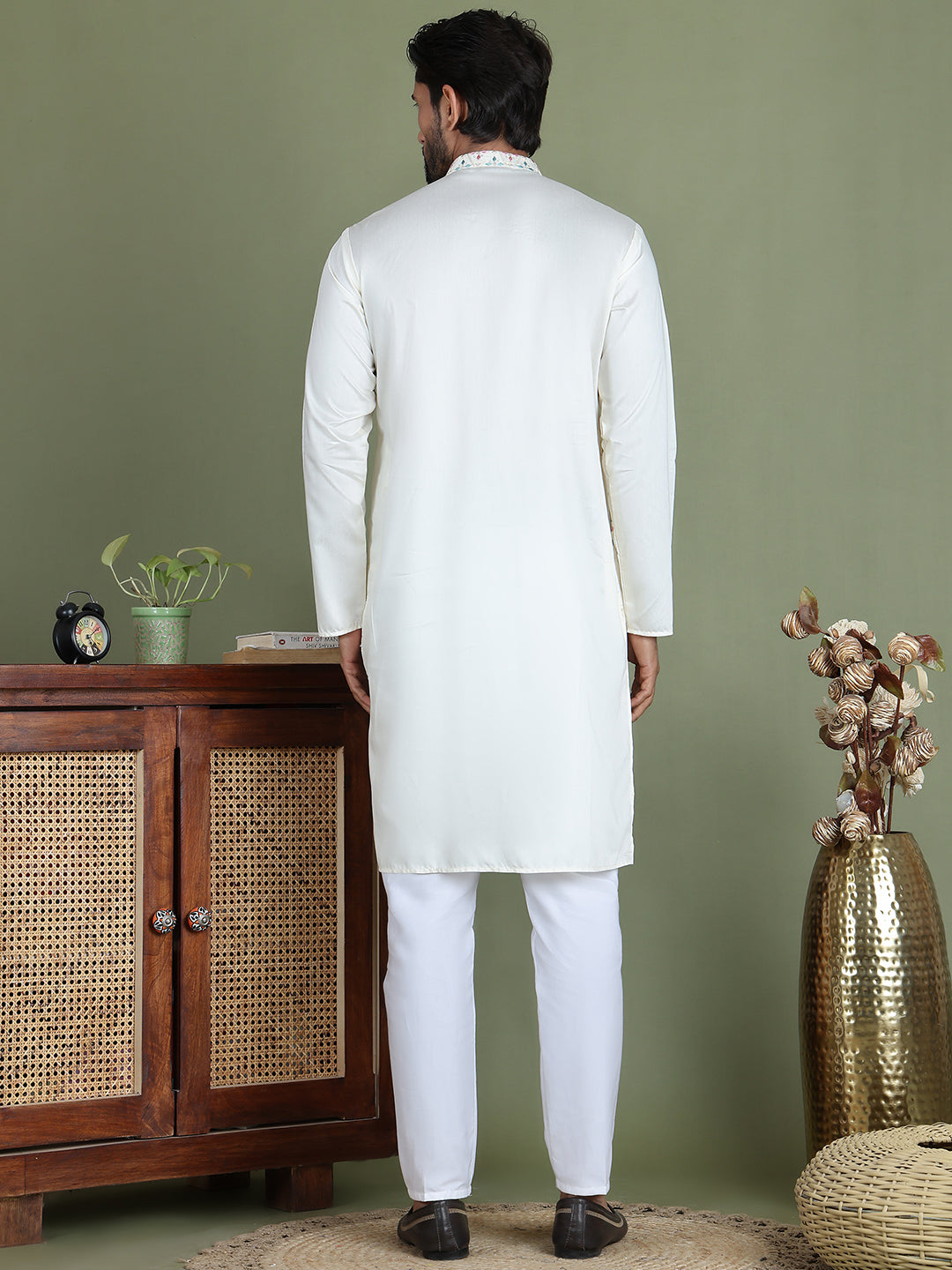 Men's Embroidered and Sequence Work Kurta Pyjama Set ( JOKP 5160White )