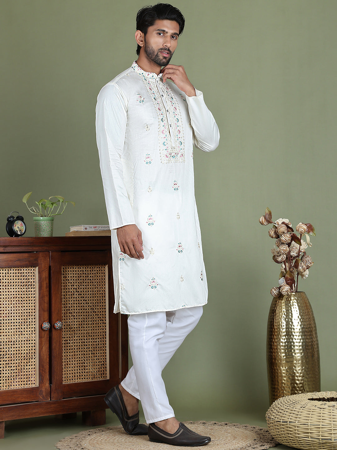 Men's Embroidered and Sequence Work Kurta Pyjama Set ( JOKP 5160White )