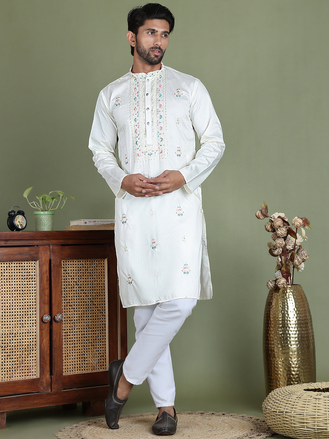 Men's Embroidered and Sequence Work Kurta Pyjama Set ( JOKP 5160White )