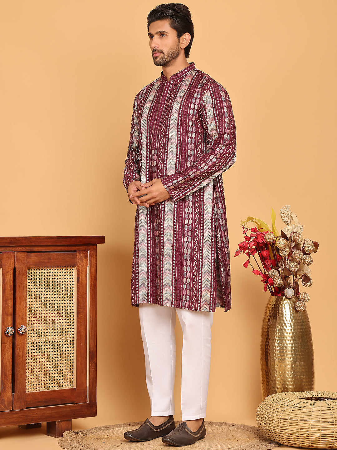 Embroidered and Sequins Kurta Pyjama Set for Men ( JOKP P 5161 Maroon )
