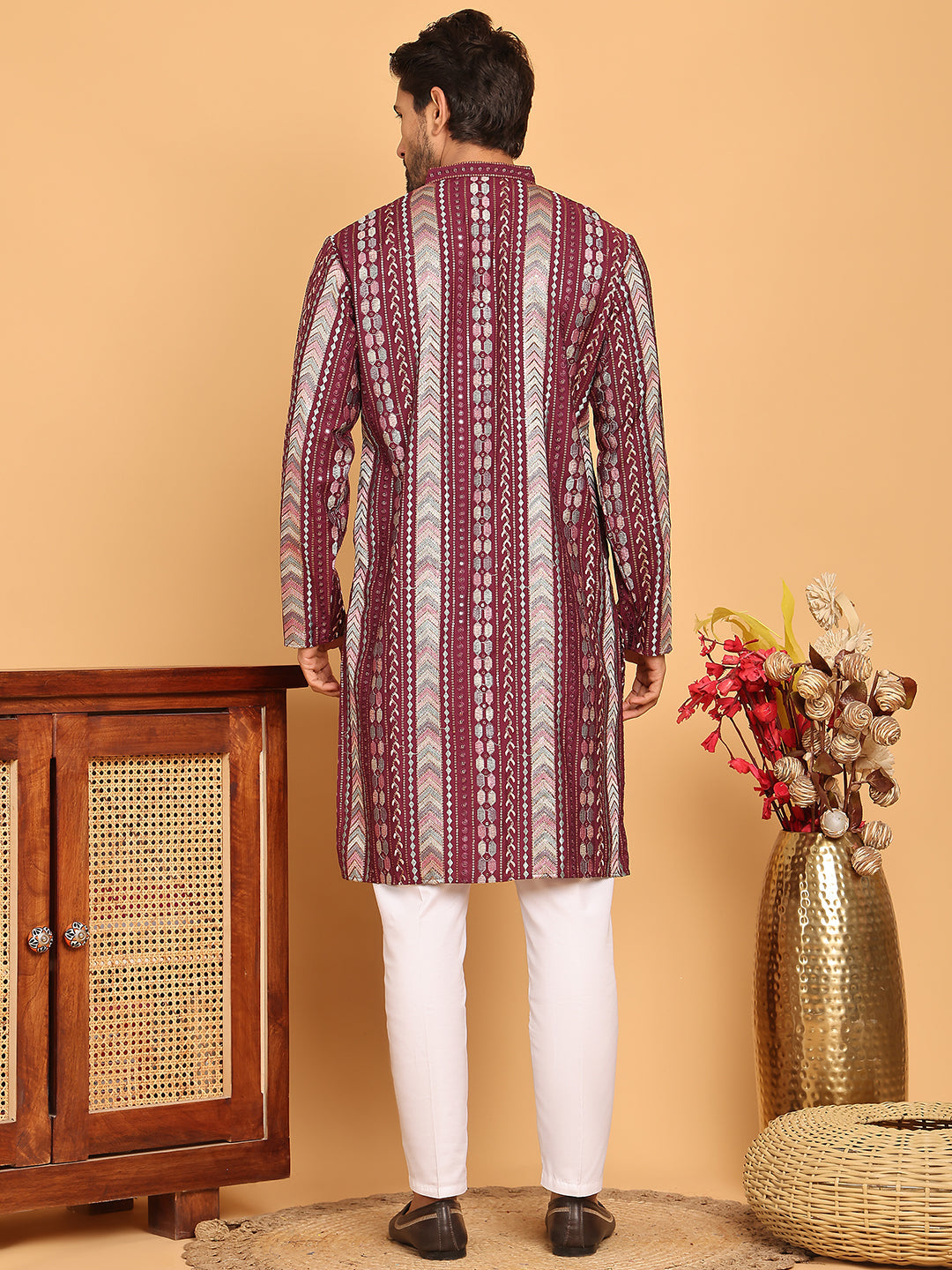 Embroidered and Sequins Kurta Pyjama Set for Men ( JOKP P 5161 Maroon )