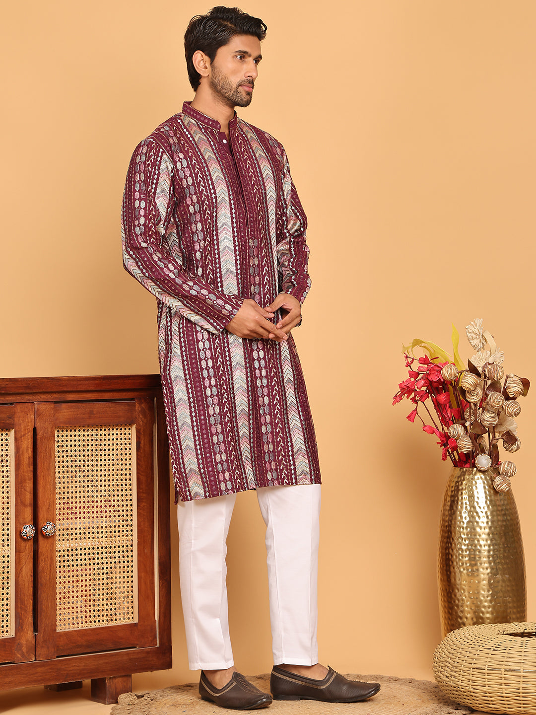 Embroidered and Sequins Kurta Pyjama Set for Men ( JOKP P 5161 Maroon )