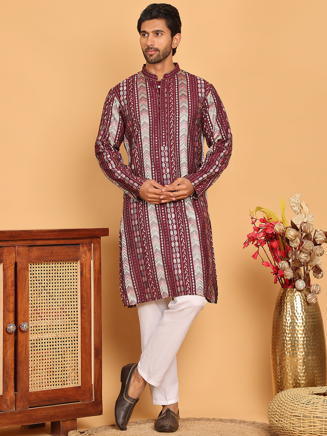 Embroidered and Sequins Kurta Pyjama Set for Men ( JOKP P 5161 Maroon )