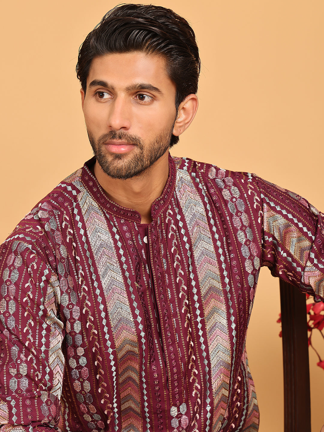 Embroidered and Sequins Kurta Pyjama Set for Men ( JOKP P 5161 Maroon )