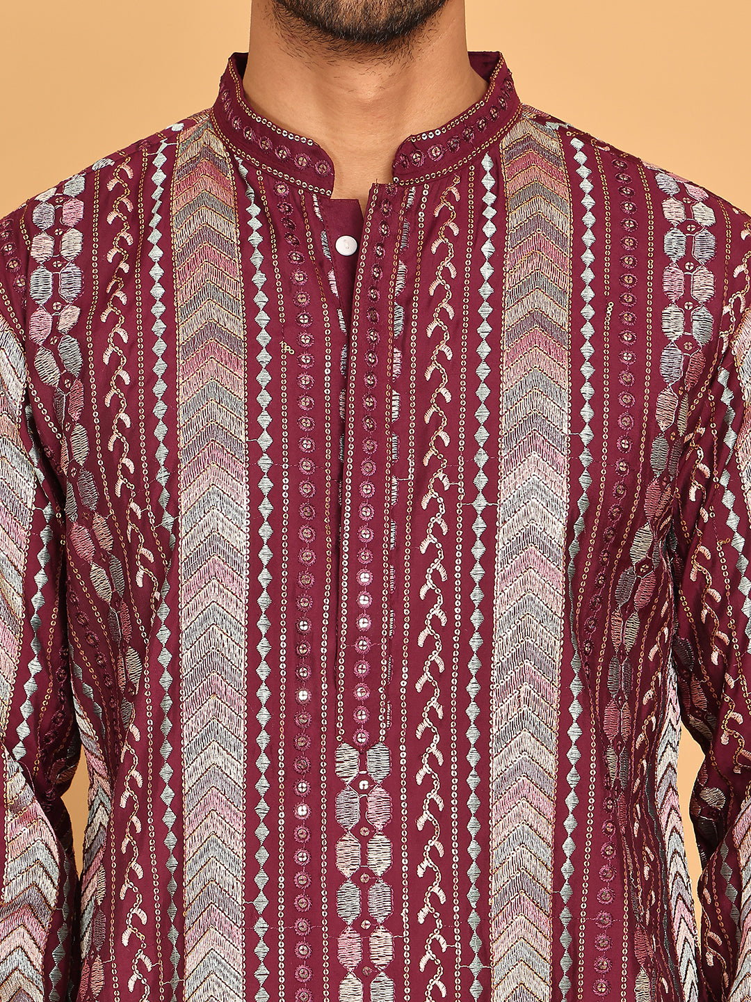 Embroidered and Sequins Kurta Pyjama Set for Men ( JOKP P 5161 Maroon )
