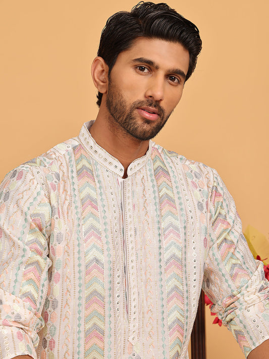 Embroidered and Sequins Kurta Pyjama Set for Men ( JOKP P 5161 White )