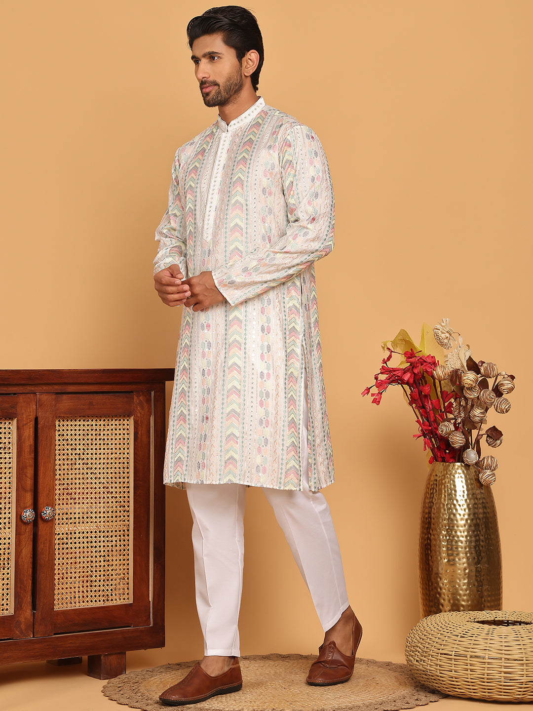 Embroidered and Sequins Kurta Pyjama Set for Men ( JOKP P 5161 White )