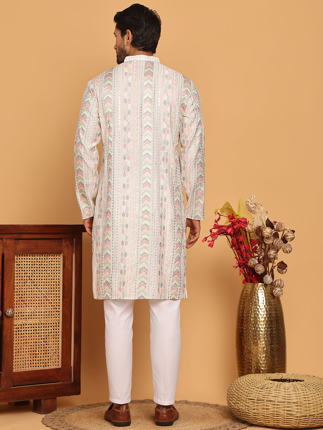 Embroidered and Sequins Kurta Pyjama Set for Men ( JOKP P 5161 White )