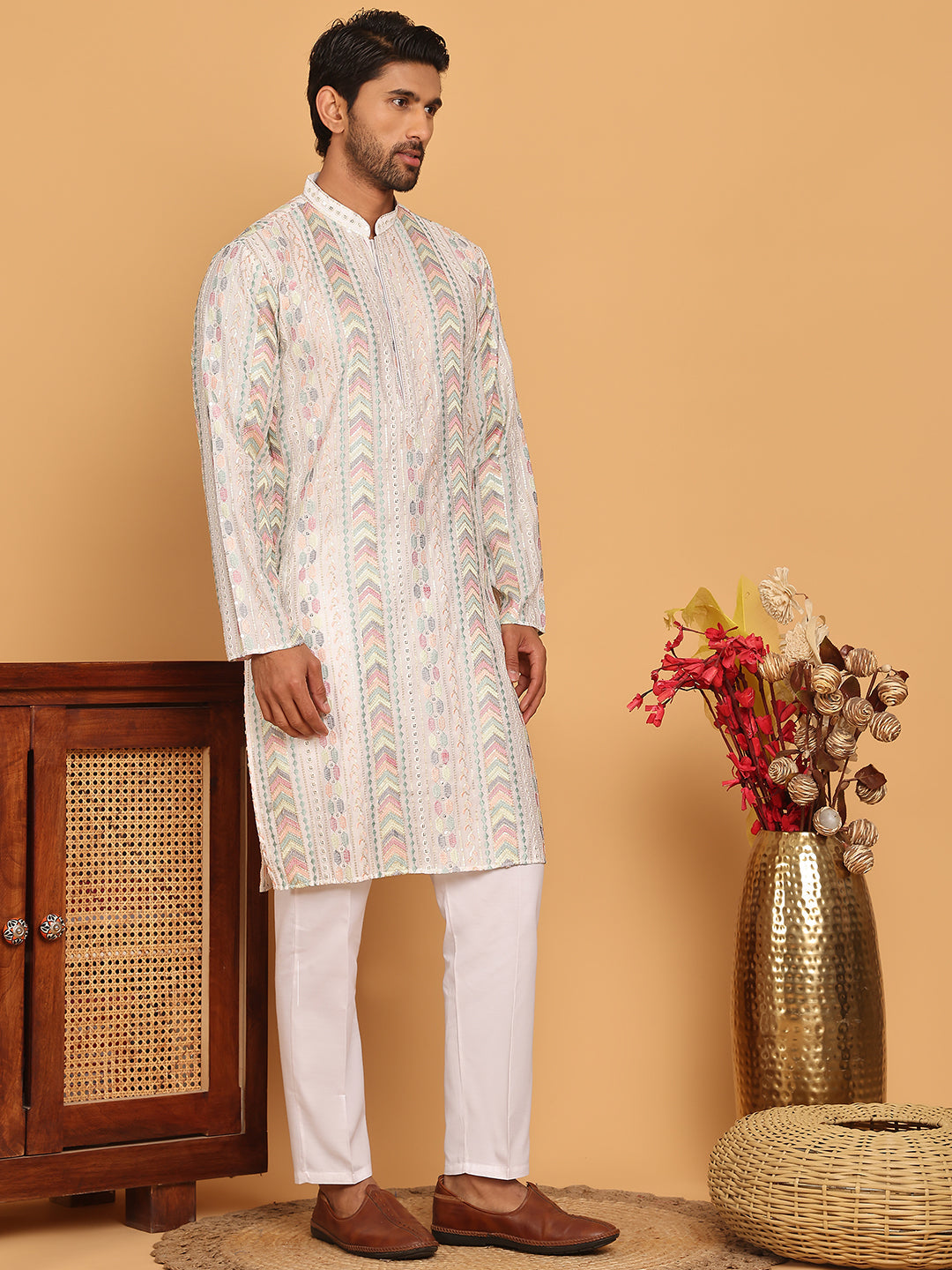 Embroidered and Sequins Kurta Pyjama Set for Men ( JOKP P 5161 White )