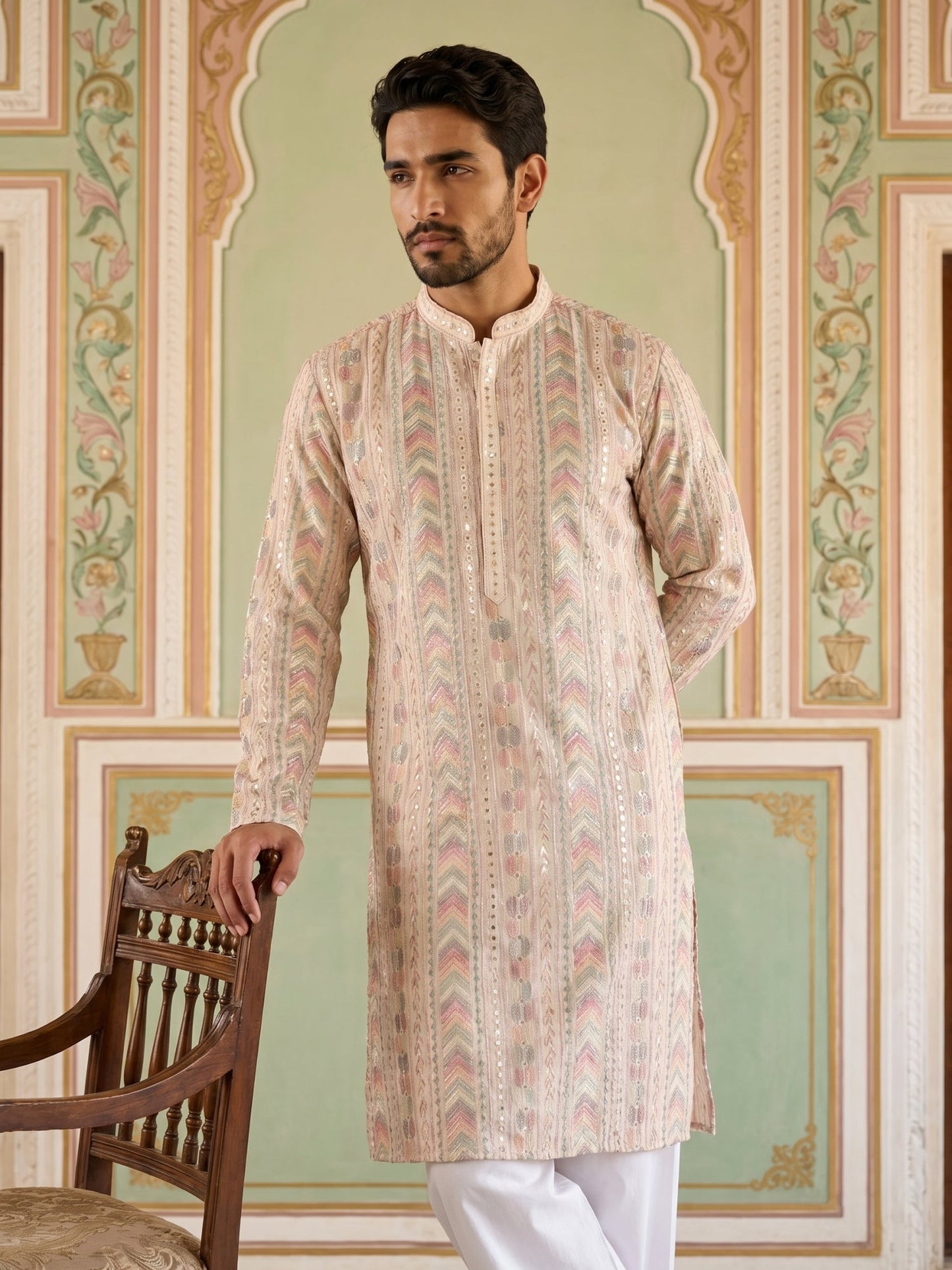 Embroidered and Sequins Kurta Pyjama Set for Men