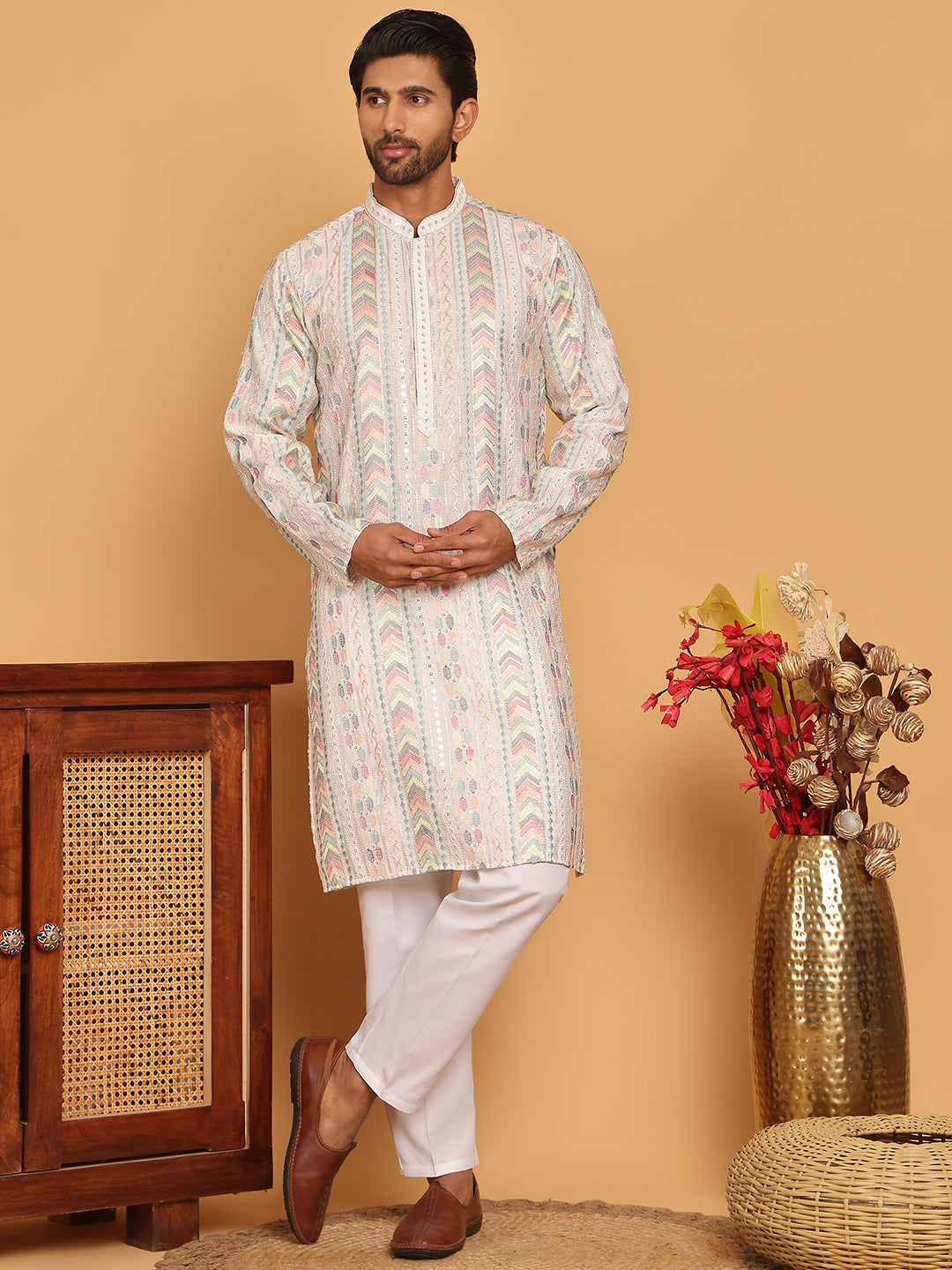 Embroidered and Sequins Kurta Pyjama Set for Men ( JOKP P 5161 White )