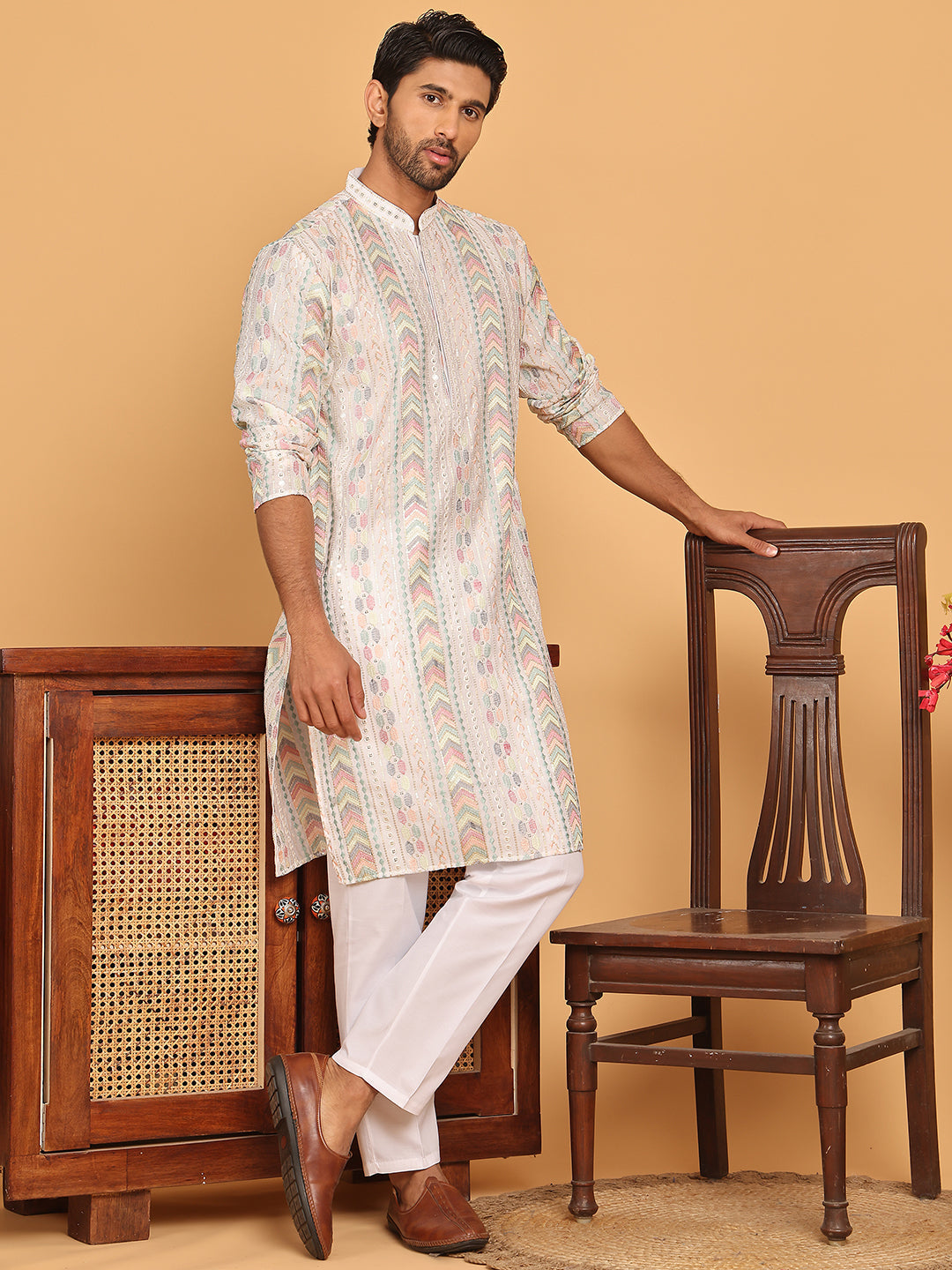 Embroidered and Sequins Kurta Pyjama Set for Men ( JOKP P 5161 White )