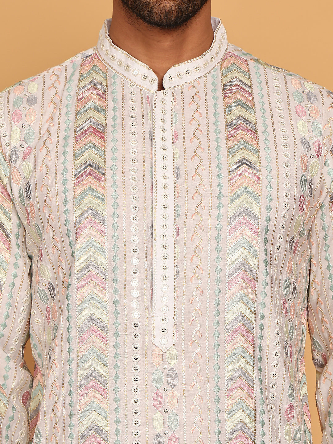 Embroidered and Sequins Kurta Pyjama Set for Men ( JOKP P 5161 White )