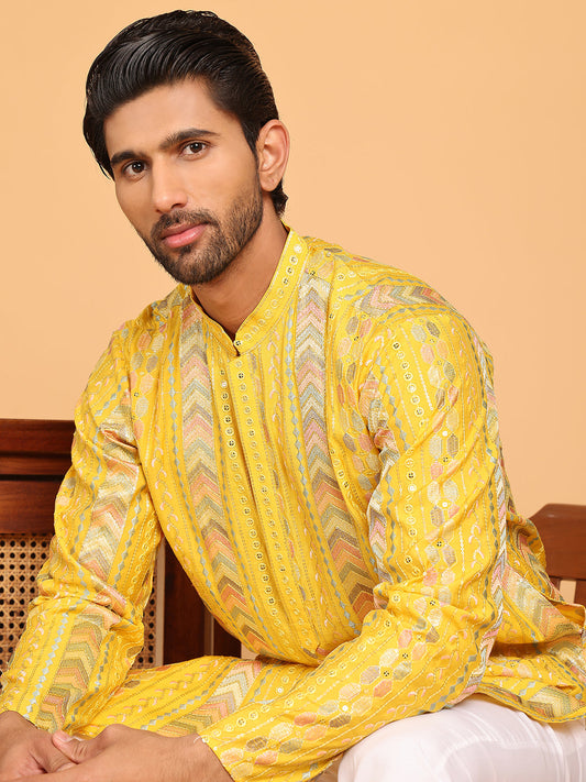 Embroidered and Sequins Kurta Pyjama Set for Men ( JOKP P 5161 Yellow )