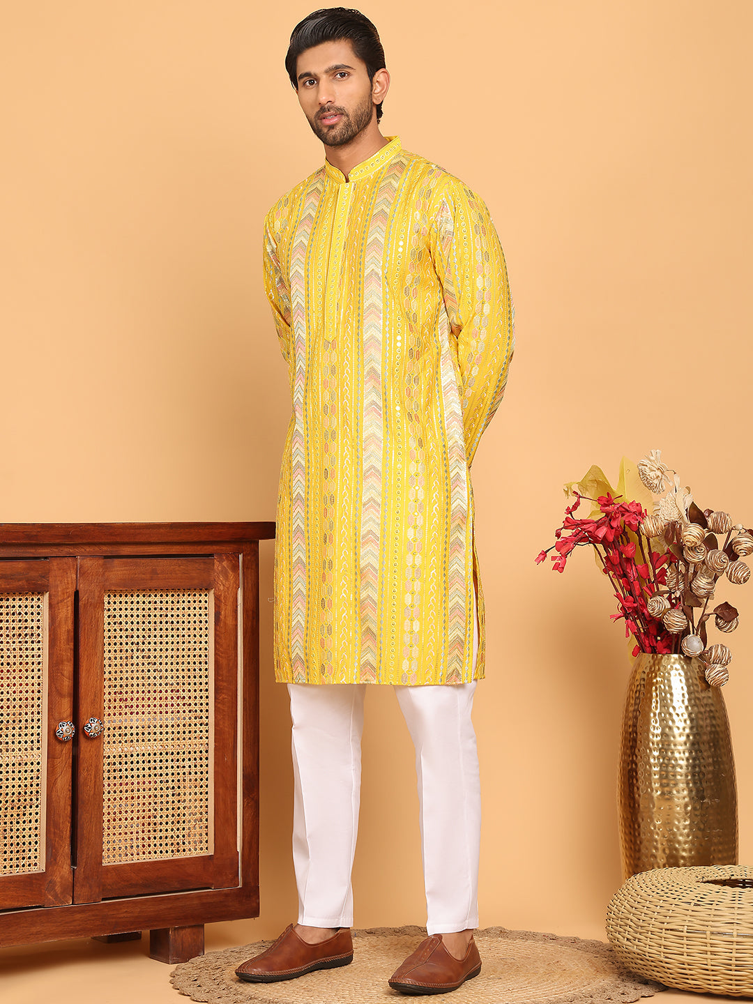 Embroidered and Sequins Kurta Pyjama Set for Men ( JOKP P 5161 Yellow )