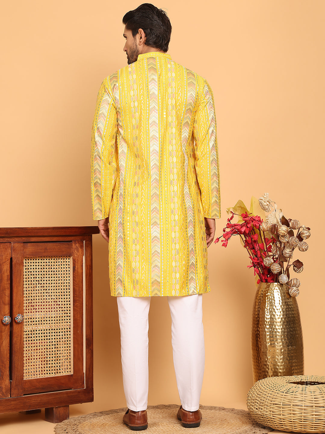 Embroidered and Sequins Kurta Pyjama Set for Men ( JOKP P 5161 Yellow )
