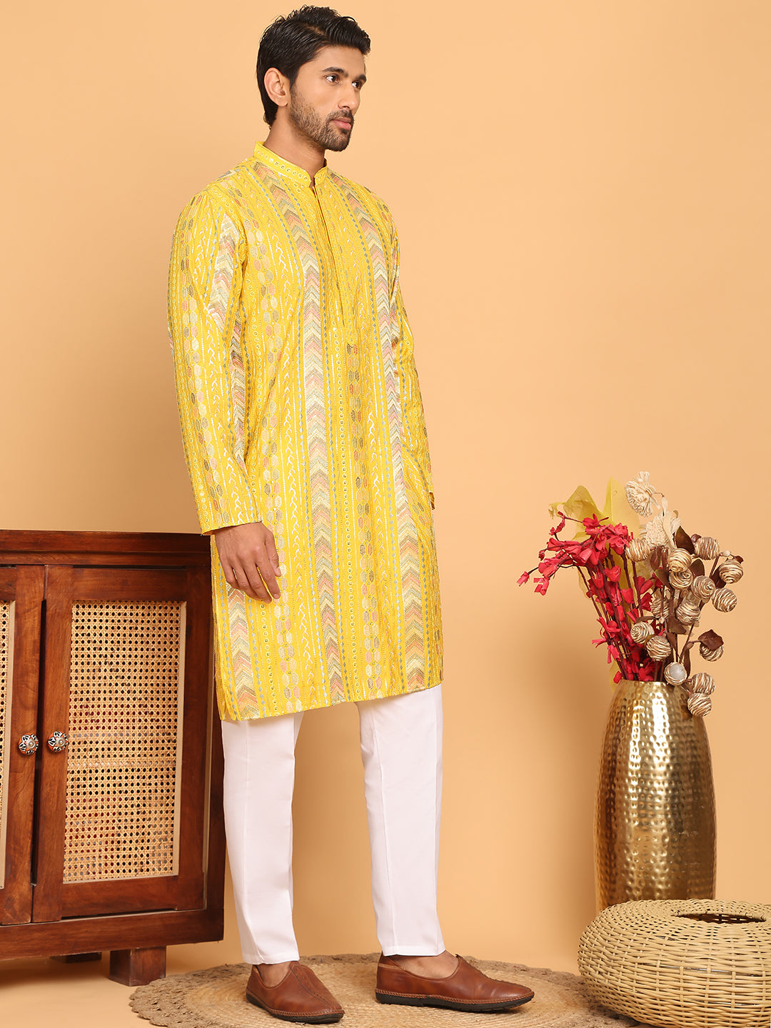Embroidered and Sequins Kurta Pyjama Set for Men ( JOKP P 5161 Yellow )