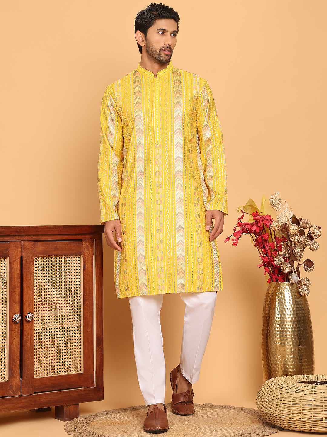 Embroidered and Sequins Kurta Pyjama Set for Men ( JOKP P 5161 Yellow )