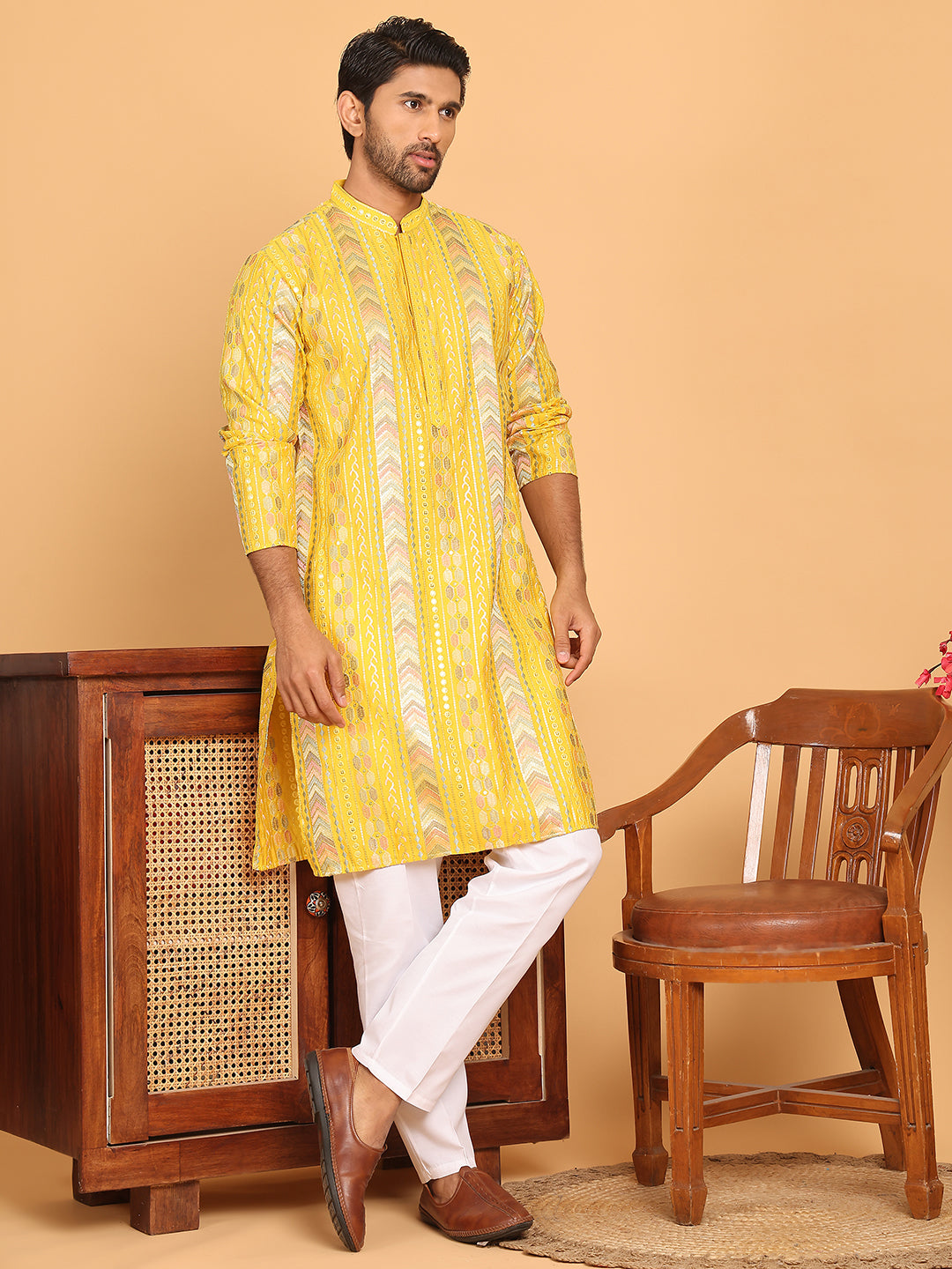 Embroidered and Sequins Kurta Pyjama Set for Men ( JOKP P 5161 Yellow )
