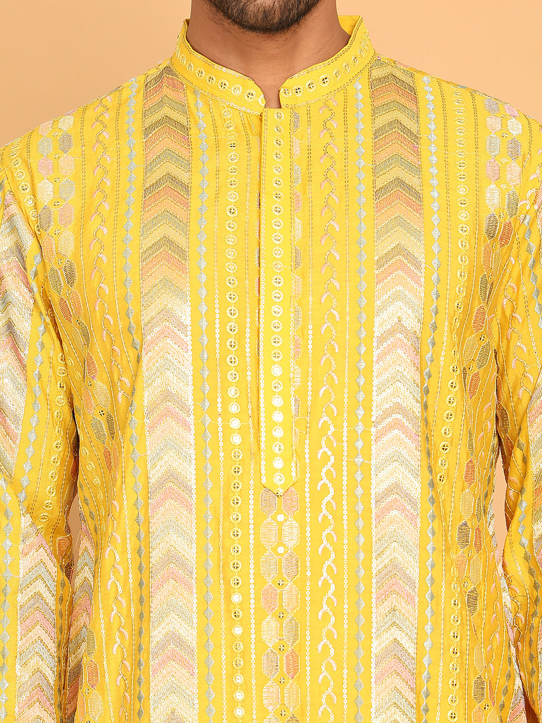 Embroidered and Sequins Kurta Pyjama Set for Men ( JOKP P 5161 Yellow )