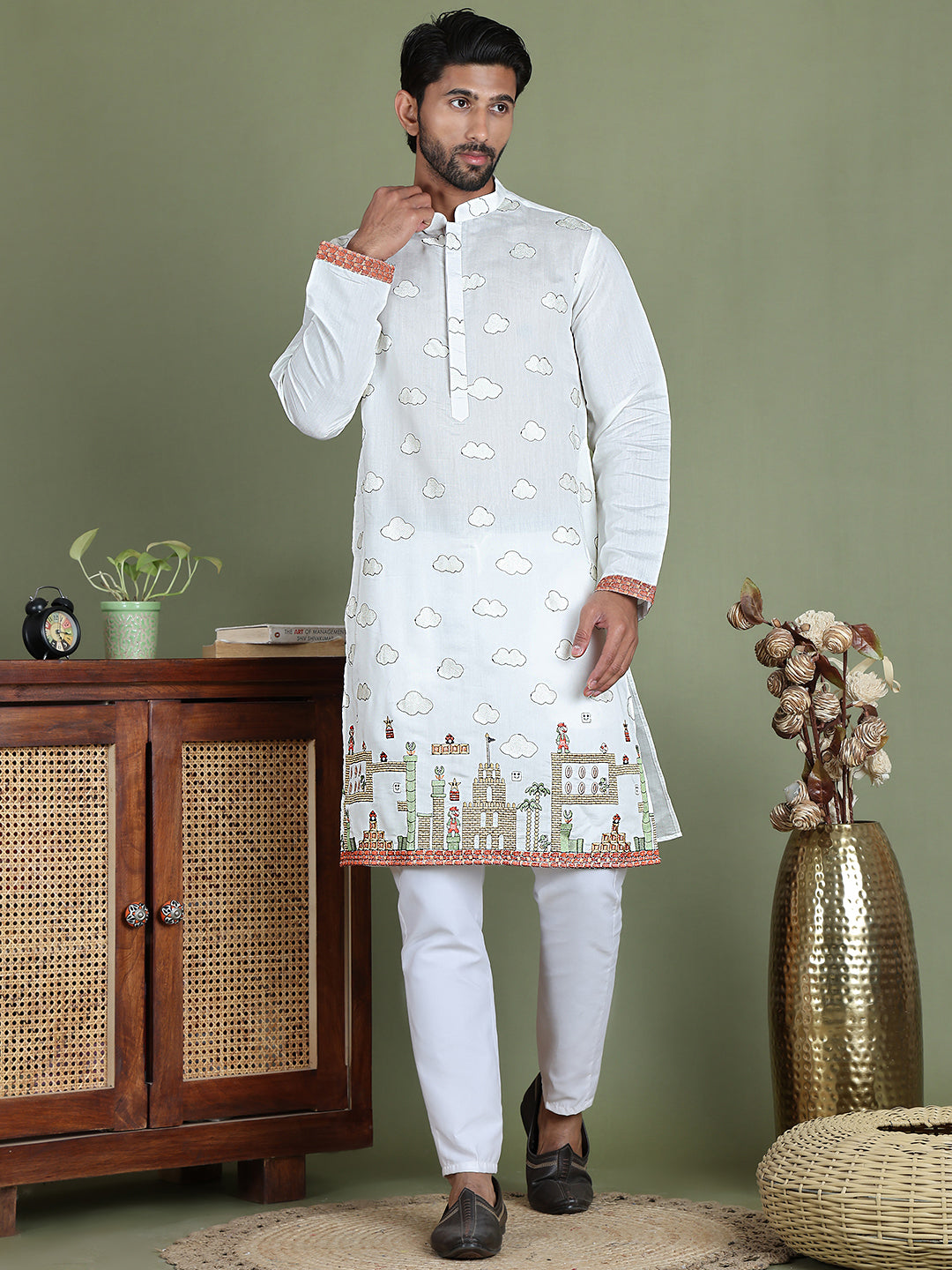Embroidered and Sequins Kurta Set ( JOKP 5162White )