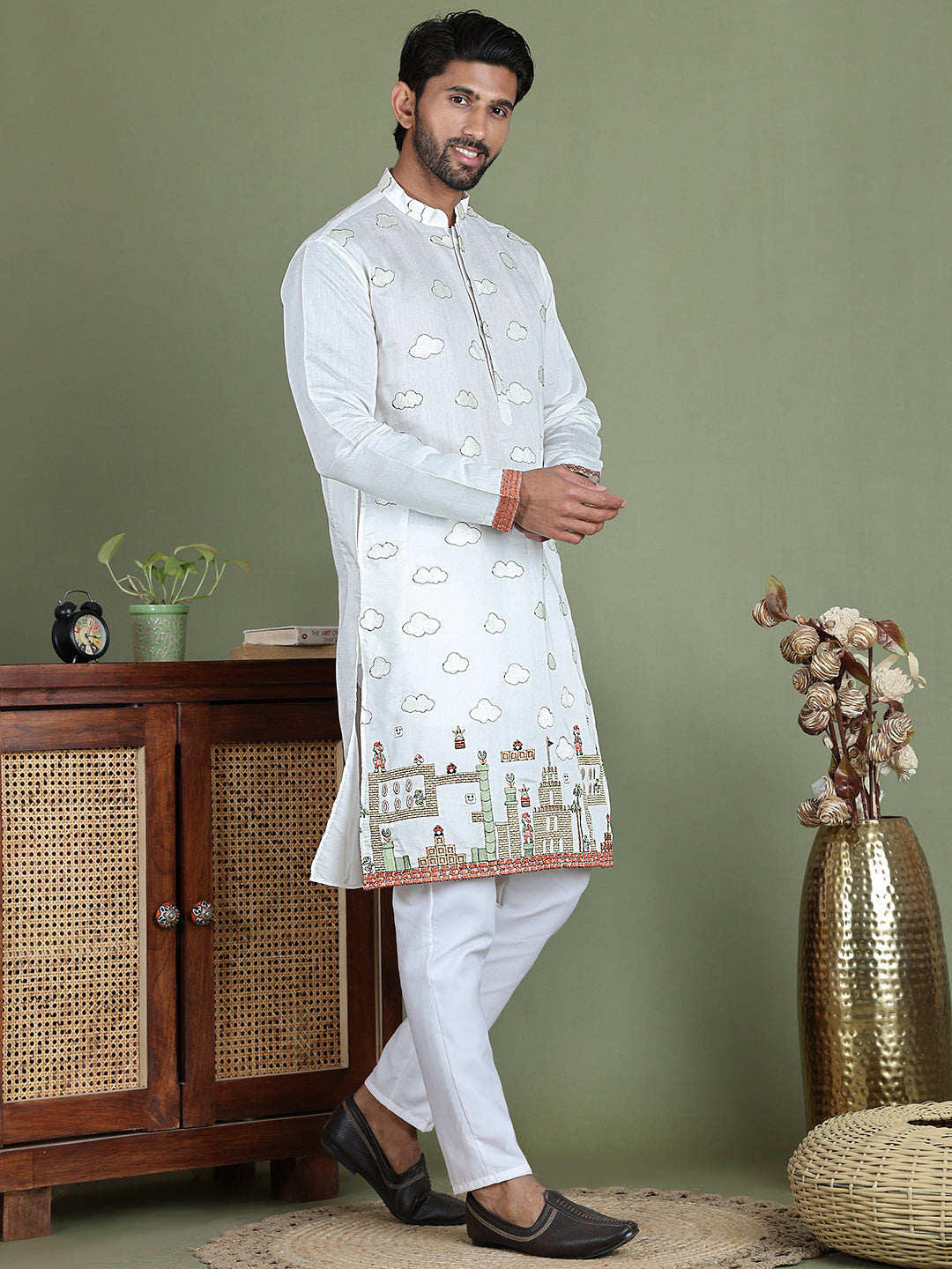 Embroidered and Sequins Kurta Set ( JOKP 5162White )