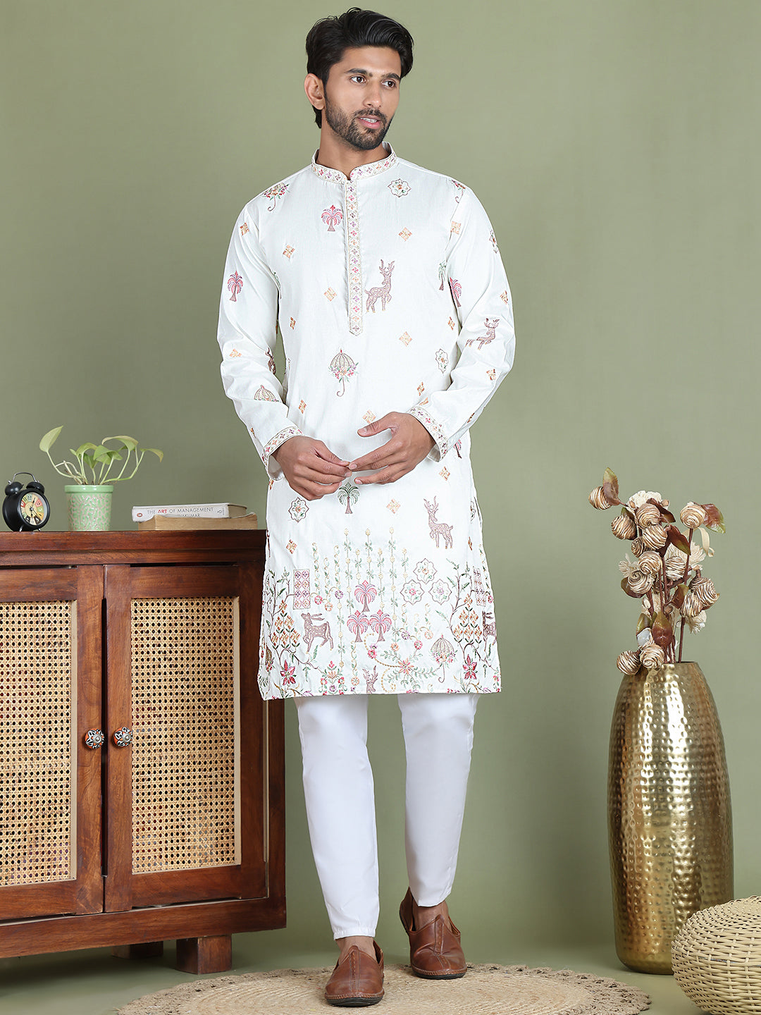 Floral Embroidered and Sequins Kurta Set ( JOKP 5163White )