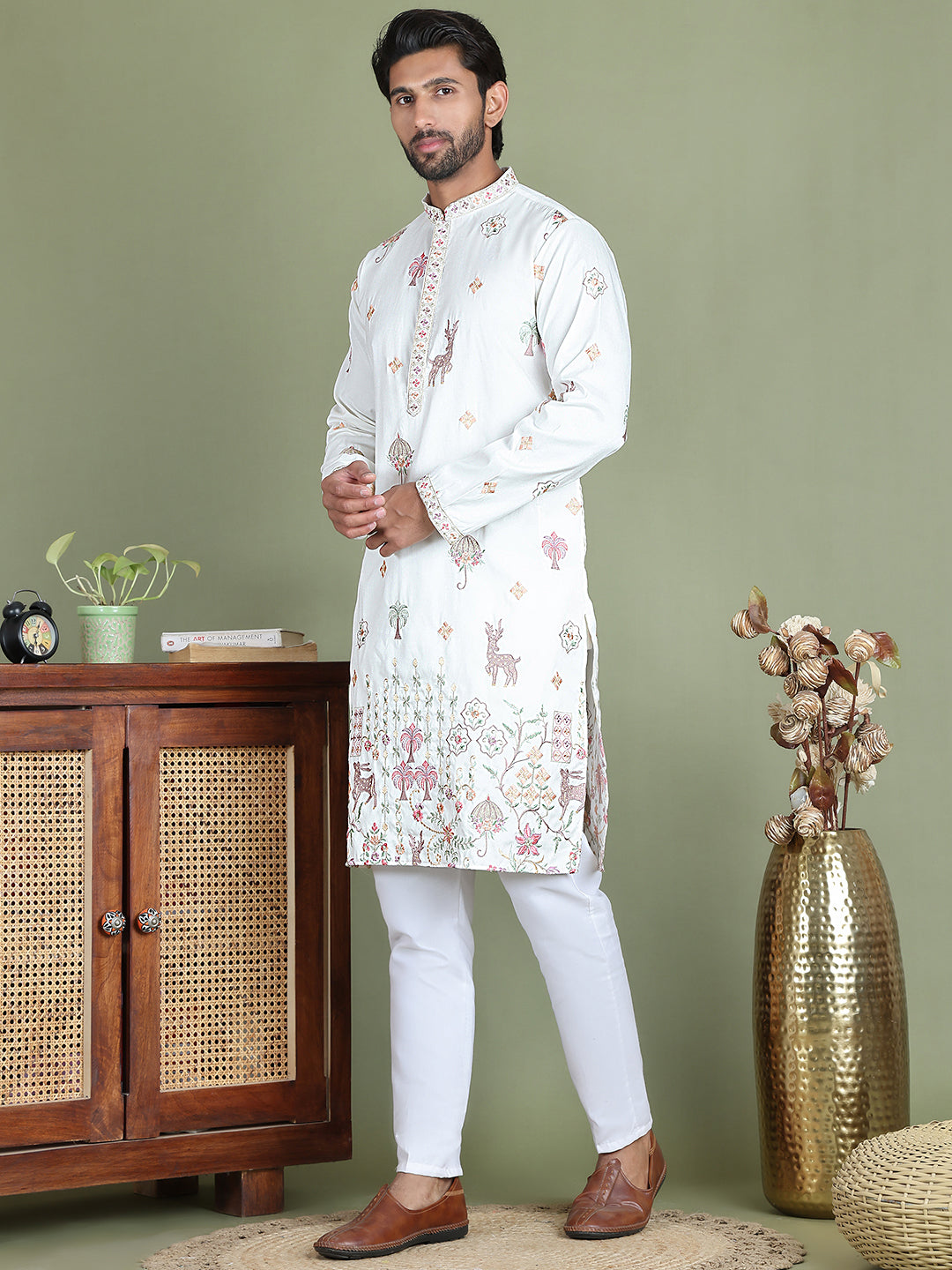 Floral Embroidered and Sequins Kurta Set ( JOKP 5163White )
