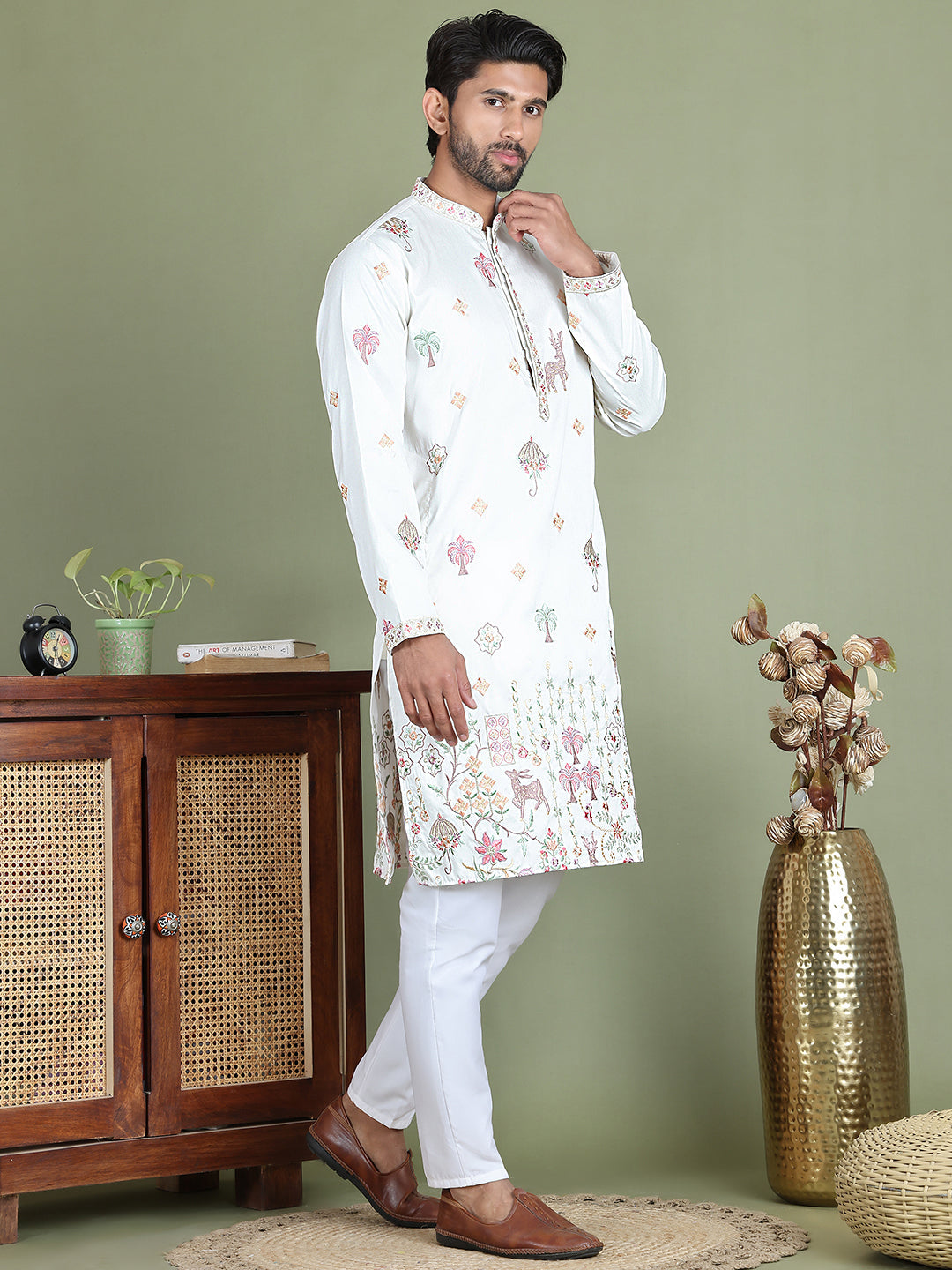 Floral Embroidered and Sequins Kurta Set ( JOKP 5163White )