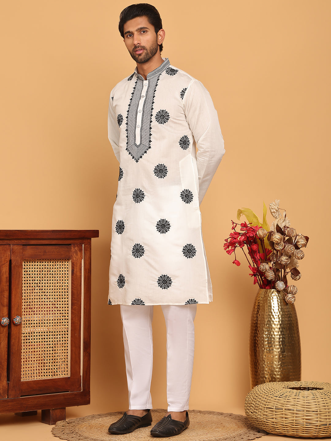 White Embroidered and Sequins Kurta Pyjama Set ( JOKP P 5167 White )