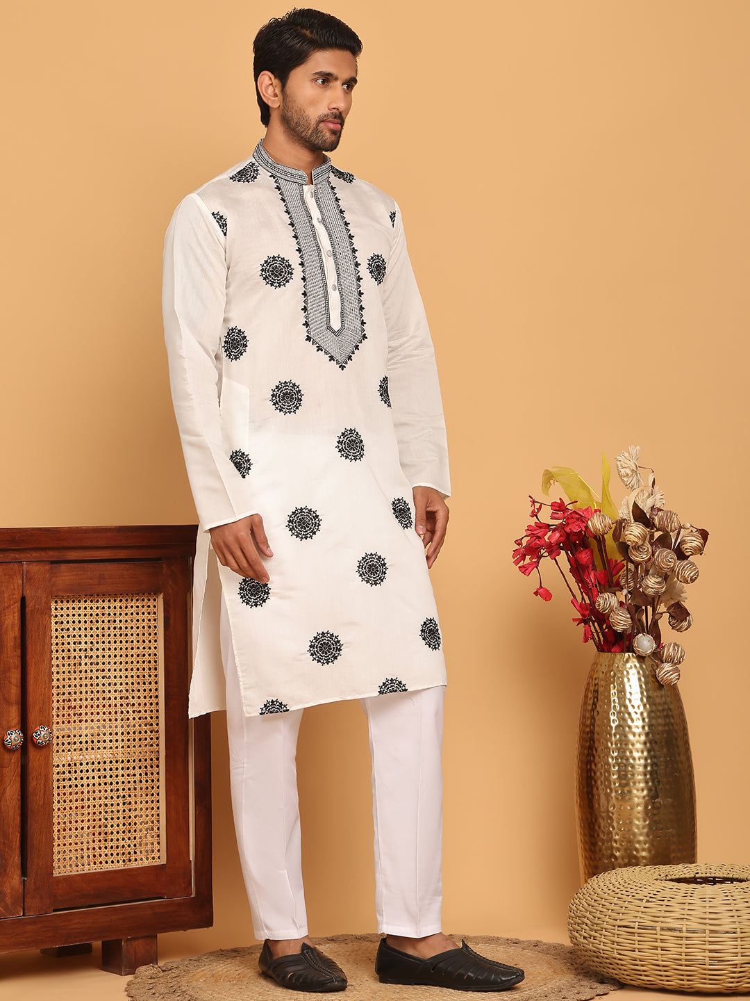 White Embroidered and Sequins Kurta Pyjama Set ( JOKP P 5167 White )