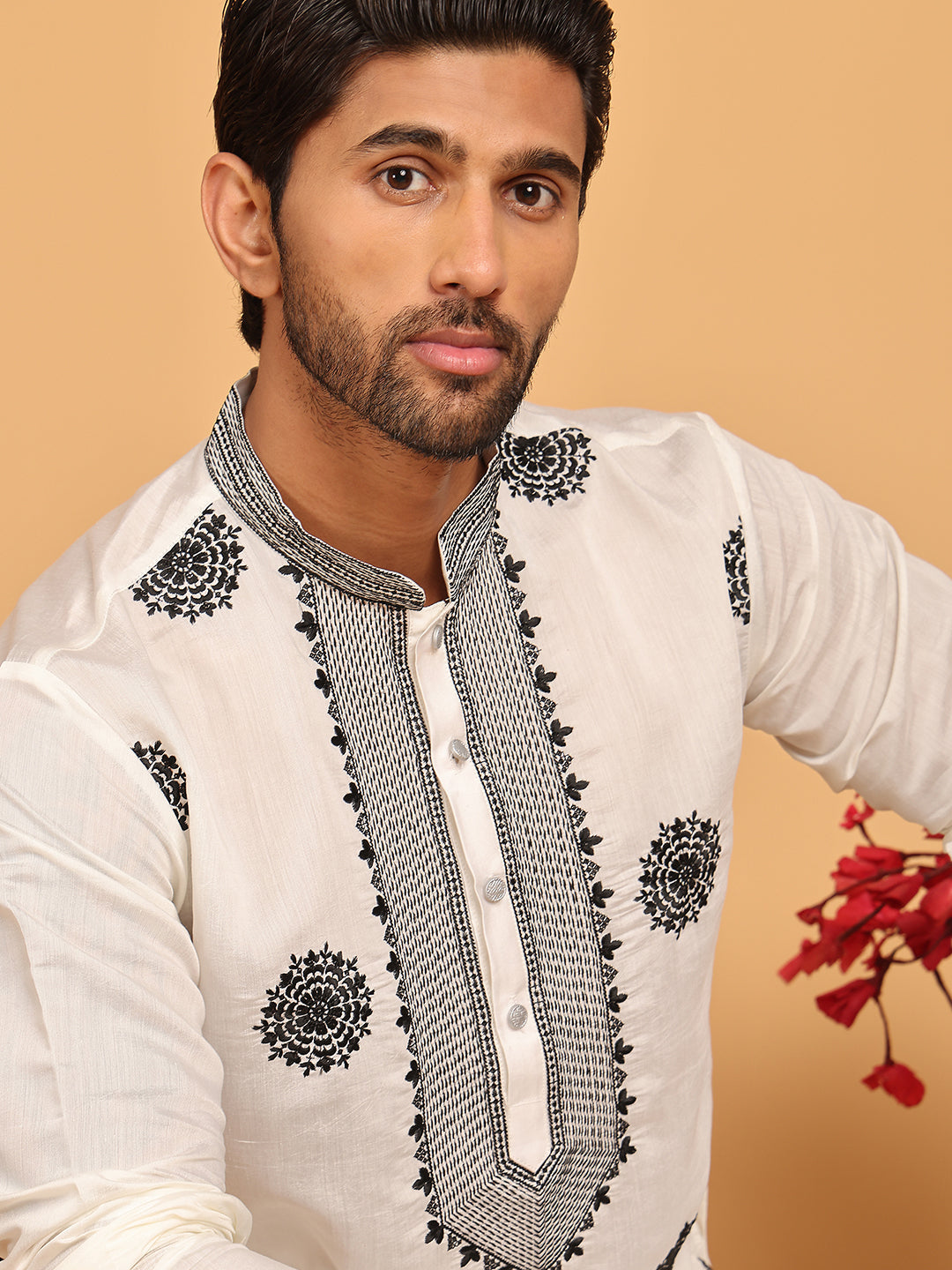 White Embroidered and Sequins Kurta Pyjama Set ( JOKP P 5167 White )